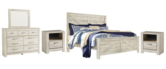 Bellaby  Crossbuck Panel Bed With Mirrored Dresser And 2 Nightstands