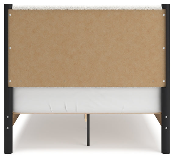 Cadmori Full Upholstered Panel Bed with Mirrored Dresser, Chest and Nightstand