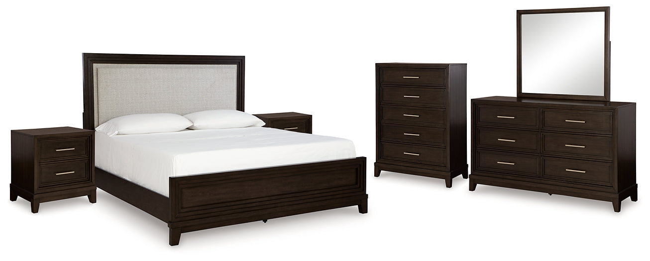 Neymorton Queen Upholstered Panel Bed with Mirrored Dresser, Chest and 2 Nightstands