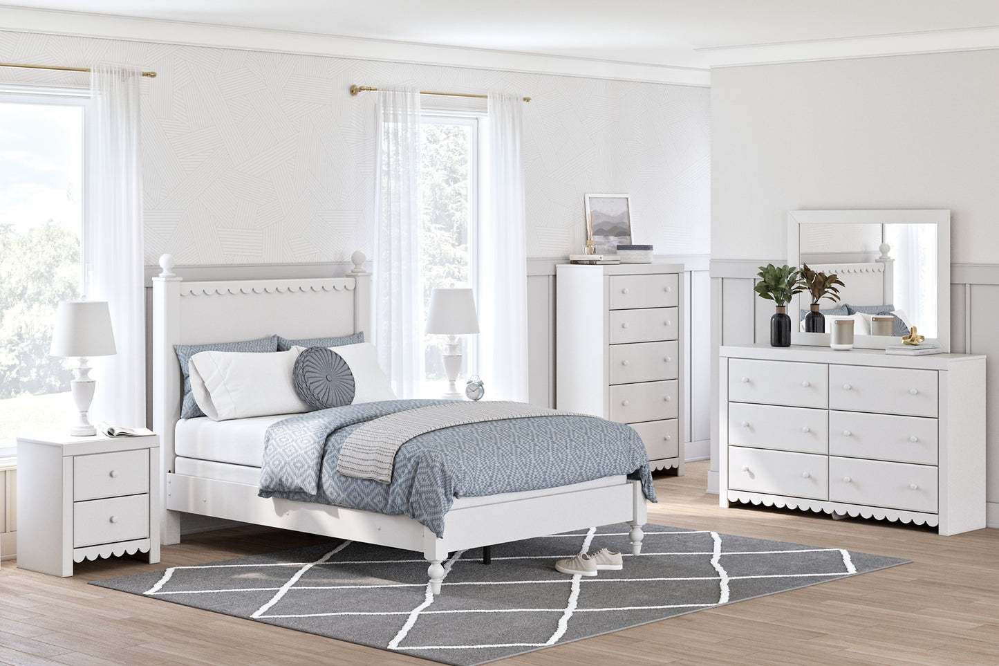 Mollviney Full Panel Bed with Mirrored Dresser and Nightstand