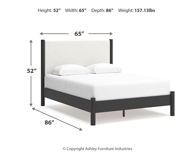 Cadmori Queen Upholstered Panel Bed with Mirrored Dresser and 2 Nightstands