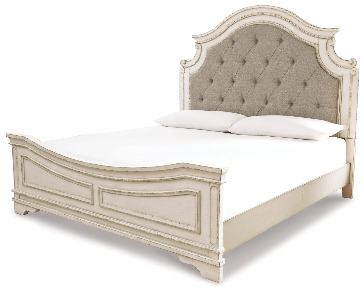 Realyn King Upholstered Panel Bed with Mirrored Dresser and Nightstand