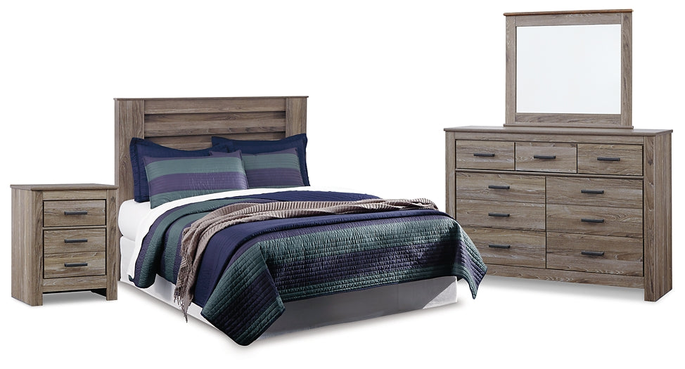 Zelen Queen Panel Headboard with Mirrored Dresser and Nightstand