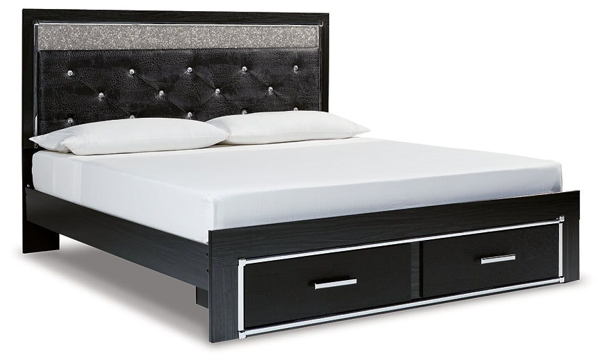 Kaydell King Upholstered Panel Storage Bed with Mirrored Dresser