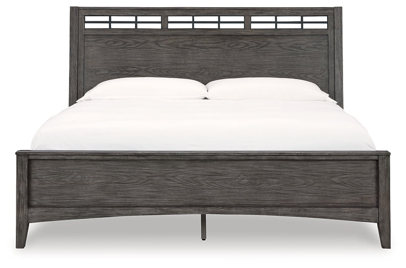 Montillan King Panel Bed with Mirrored Dresser and Nightstand