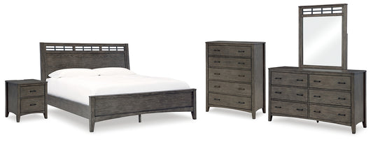 Montillan King Panel Bed with Mirrored Dresser, Chest and Nightstand